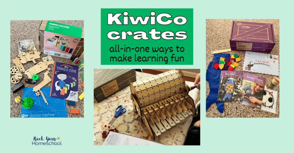 Materials for Tinker Crate and Atlas Crate plus completed Programmable Music Box from Eureka Crate as examples of KiwiCo Crates in this review.