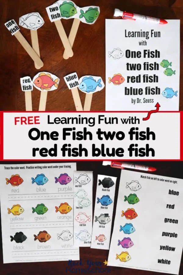 Learning Fun with One fish two fish red fish blue fish by Dr. Seuss activity pack cover & printable pages to extend the learning fun for kids