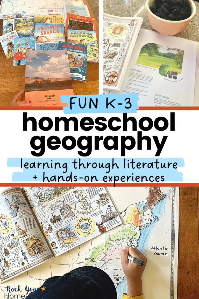 Mom holding Geography Through Literature K-3 teacher guide from Beautiful Feet Books with books and map in background and bowl of blackberries with 50 States book and Tennessee and young boy enjoying map work with 50 States of America book