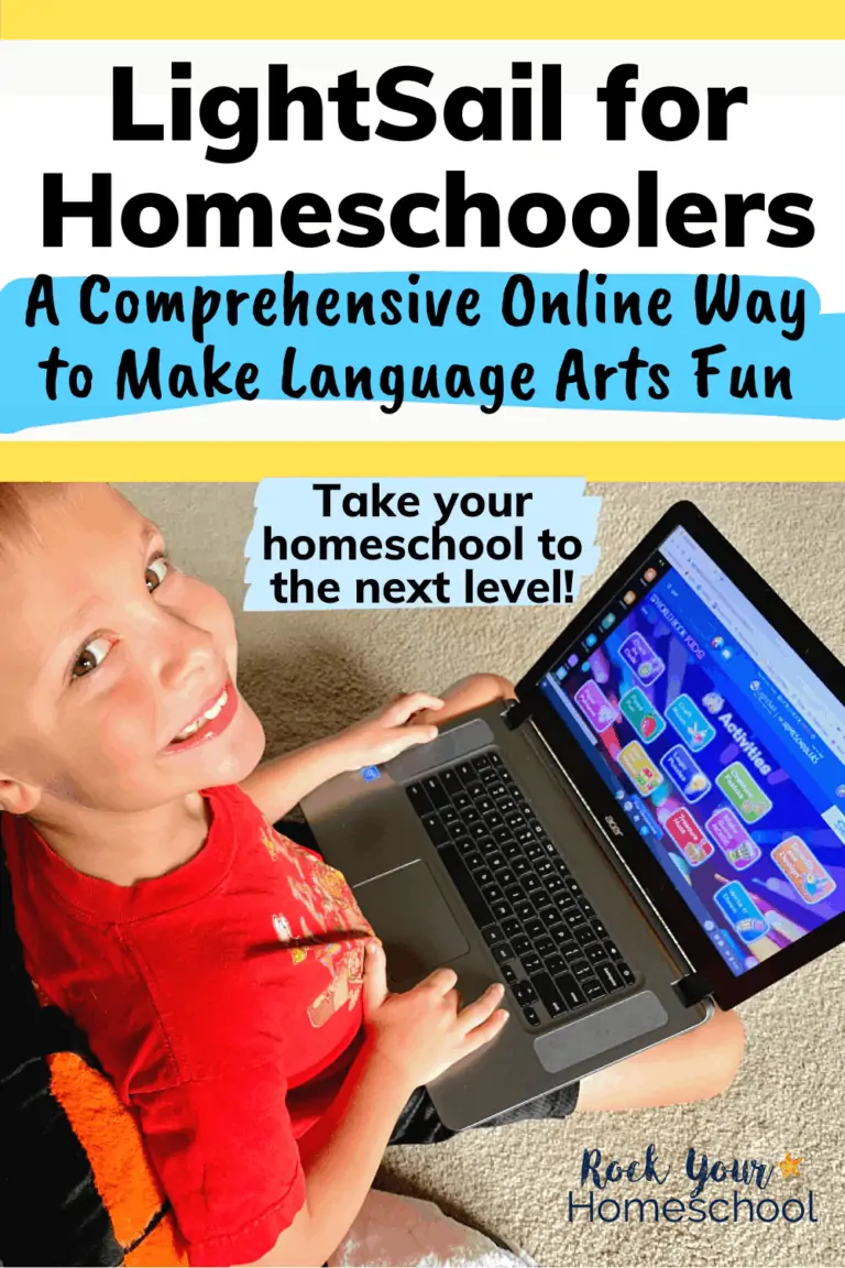 Smiling boy using laptop with LightSail for Homeschoolers to feature how you can use this comprehensive online program to make language arts fun