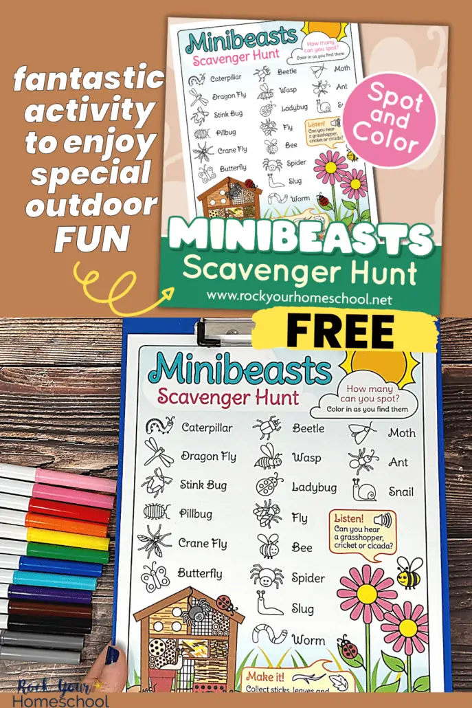 woman holding blue clipboard with free printable minibeasts scavenger hunt with rainbow of markers on wood background with mock-up this printable