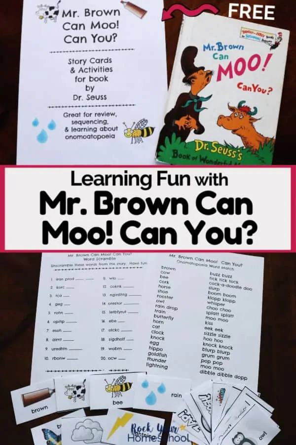 Mr. Brown Can Moo! Can You? by Dr. Seuss activity pack cover with book and free printables to feature great ways to extend the learning fun with this classic book