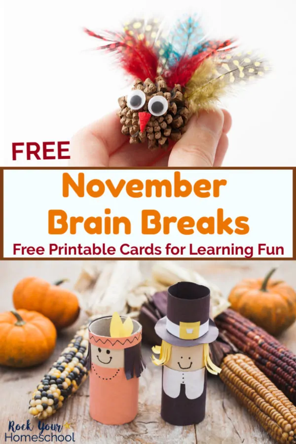 Child holding a pine cone and feather turkey craft with googly eyes & Native American & Pilgrim toilet paper roll crafts with pumpkins & maize for November Brain Breaks fun