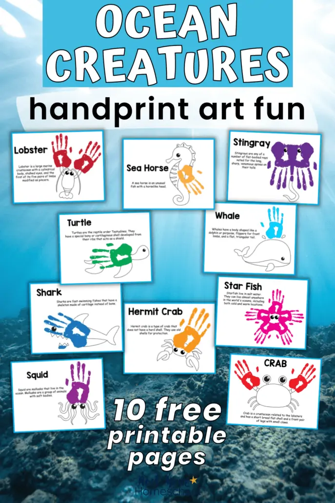 free set of ocean creatures handprint art fun pack with under the sea in background