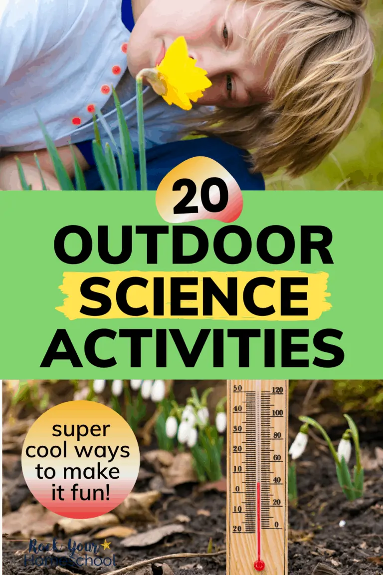 Boy examining yellow flower and thermometer in dirt with white flowers to feature how you can use these 20 outdoor science activities for excellent learning fun