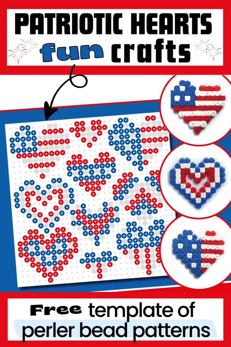 mock-up of patriotic heart perler bead patterns and 3 examples of red, white, and blue hearts.