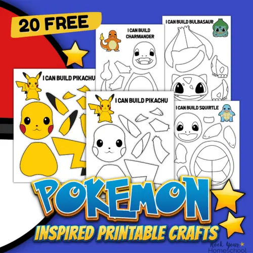 These 20 free (10 color and 10 black-and-white) Pokemon crafts are perfect printable ways to enjoy screen-free, hands-on activities with kids.