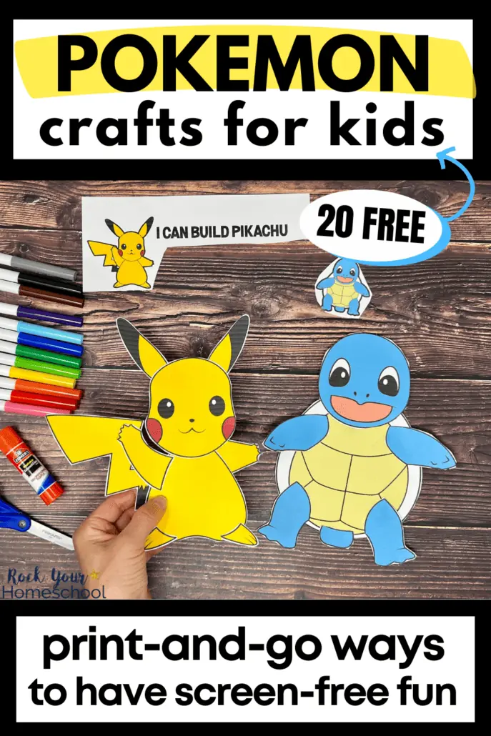 woman holding example of free printable Pikachu craft and paper Squirtle craft in background to feature this set of Pokemon crafts