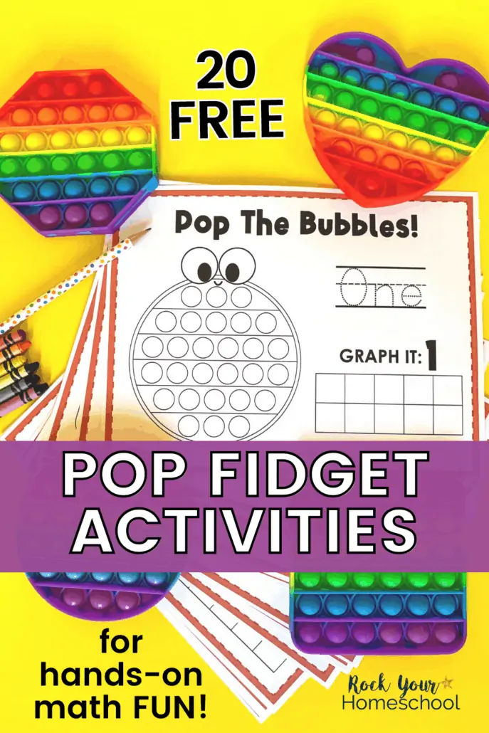 Rainbow bubble pop toys in shapes of octagon, heart, circle, and square with crayons and polka dot pencil and printable pop fidget activities for creative hands-on math fun