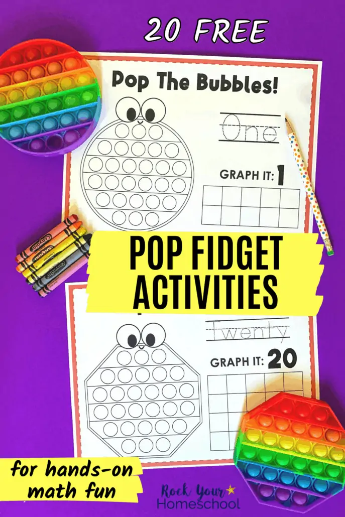 Rainbow bubble pop toys in circle and  octagon with crayons and pencil and printable pop fidget activities for hands-on math fun