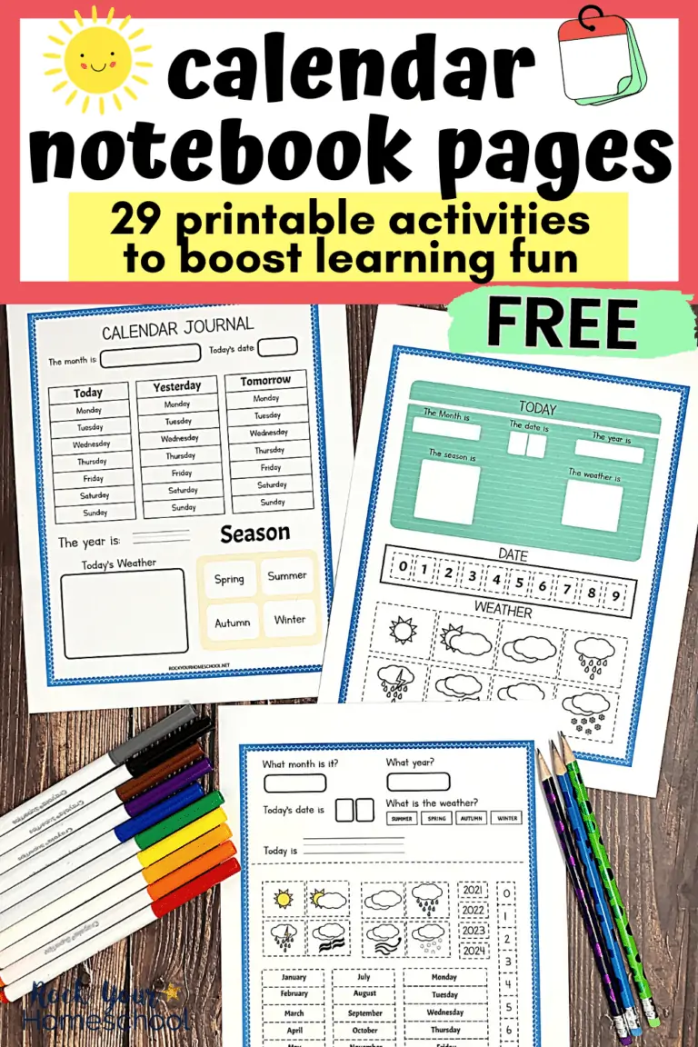 3 free printable student calendar pages on wood background with rainbow of markers and pencils