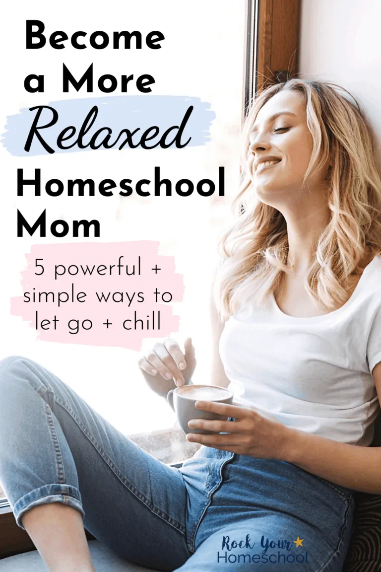 Mom smiling as she relaxes with a cup of coffee to feature how you can use these 5 powerful yet simple ways to be a more relaxed homeschool mom