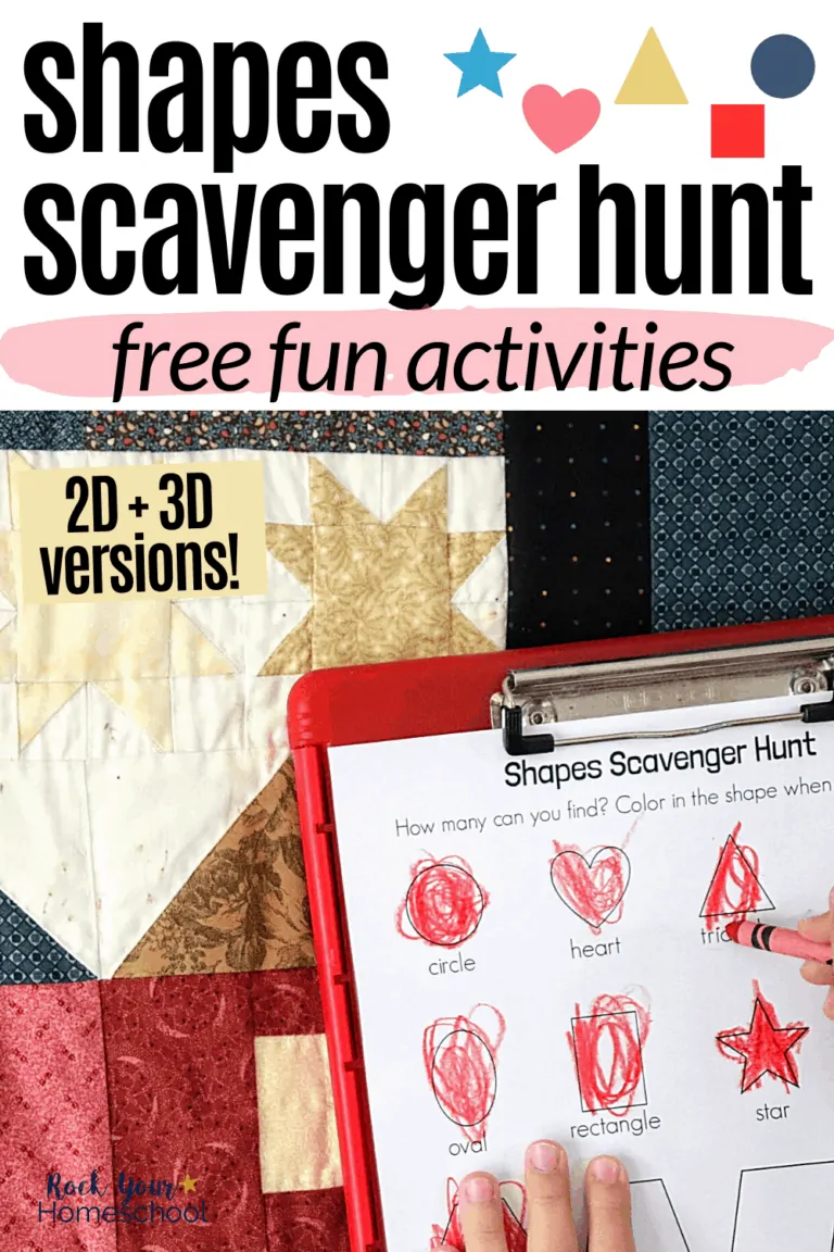 Boy using red crayon to fill in 2D shapes scavenger hunt printable on red clipboard with quilt in background to feature the simple math fun your kids can have with these free scavenger hunt printables for 2D and 3D shapes