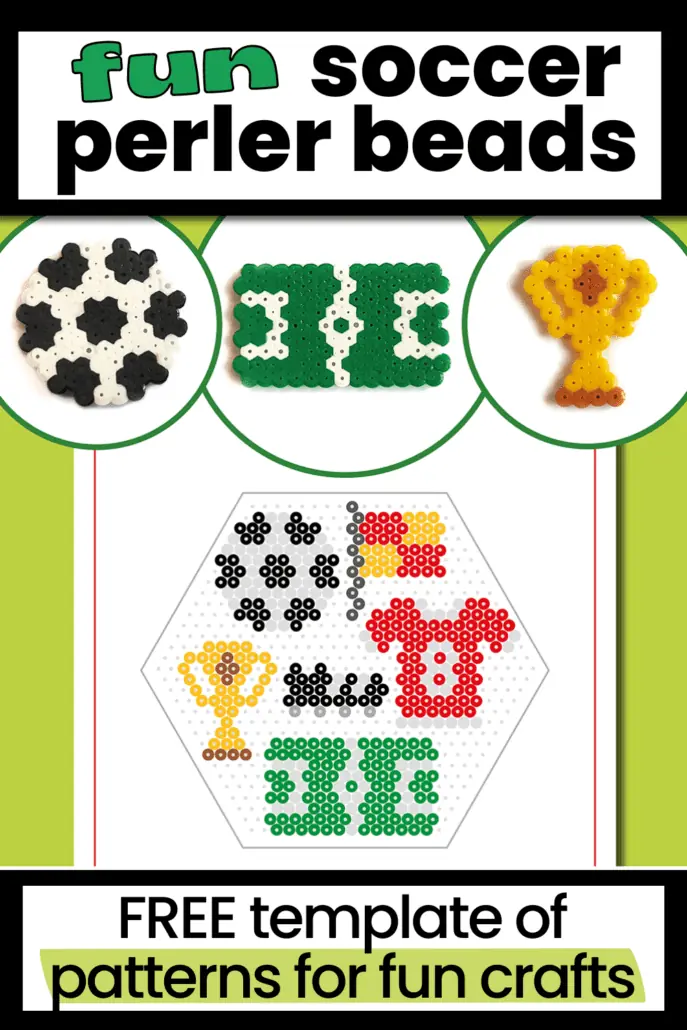 examples of soccer perler beads patterns featuring soccer ball, soccer field, trophy.