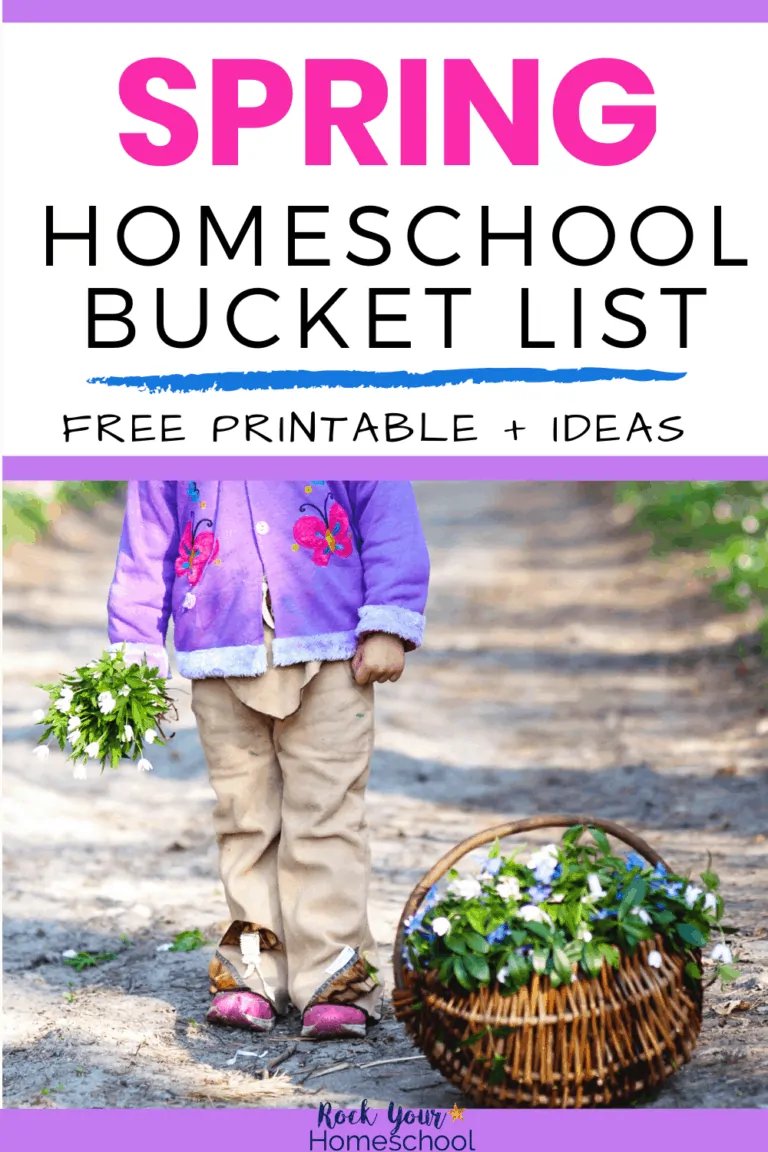 Girl with purple and pink jacket holding bunch of wildflowers and standing near basket of wildflowers on dirt road in the woods to feature the creative ideas and free printable Spring Homeschool Bucket List