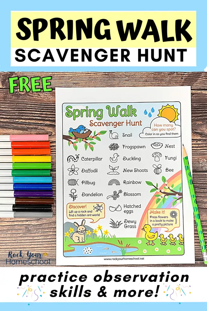 free printable Spring walk scavenger hunt with green pencil and rainbow of markers on wood background