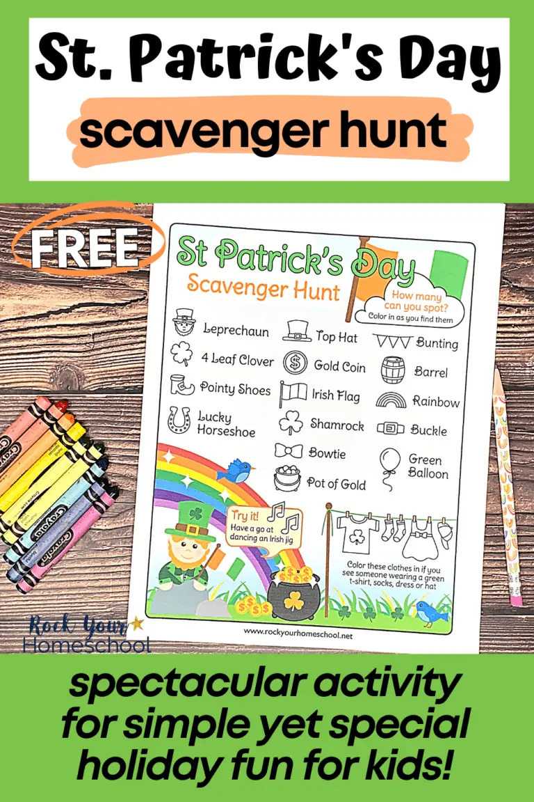 free printable St. Patrick's Day scavenger hunt with crayons and pencils with rainbows on wood surface