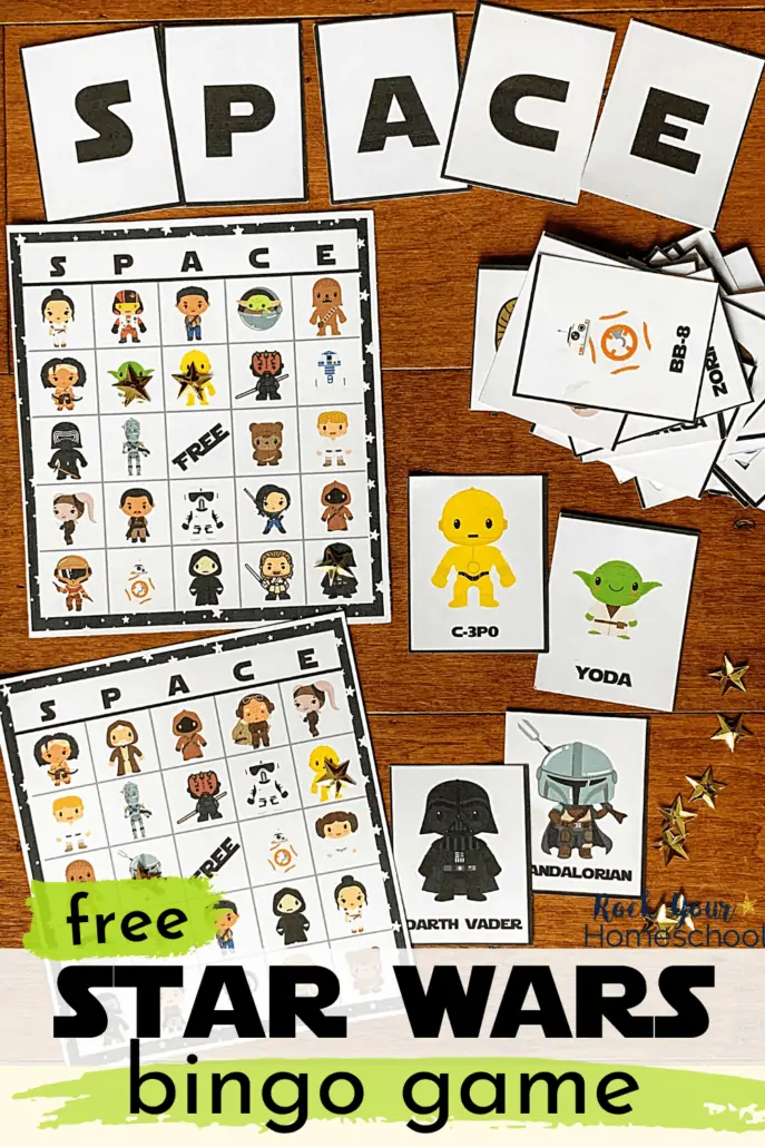 S-P-A-C-E cards with Star Wars bingo game cards and calling cards and gold stars to feature the awesome fun you\'ll have with this free Star Wars bingo game set