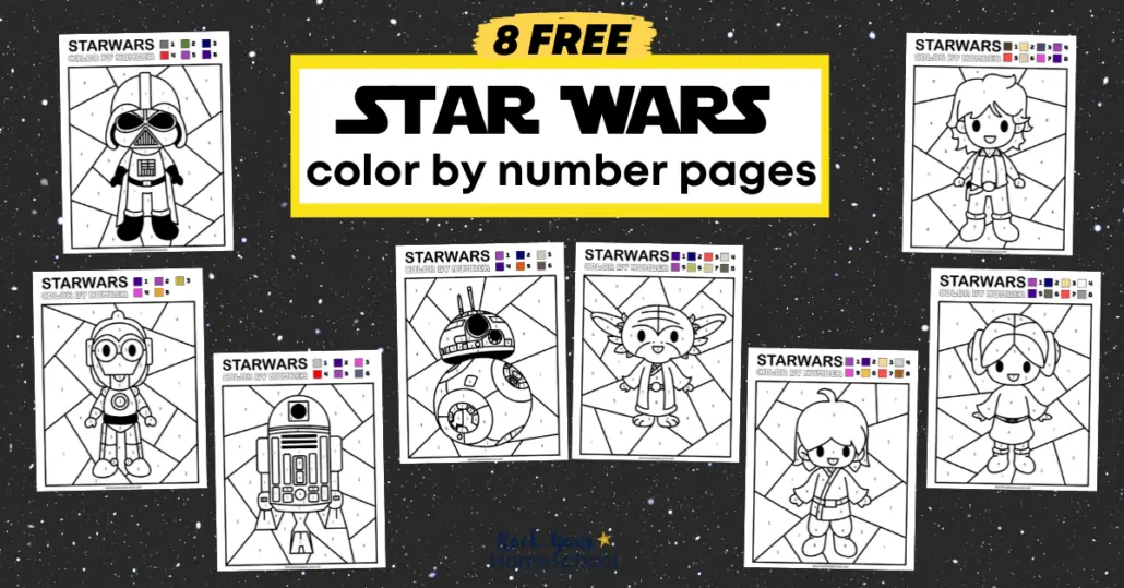 These 8 free printable Star Wars color by number pages are stellar ways to have fun at your party, classroom, homeschool, and more.