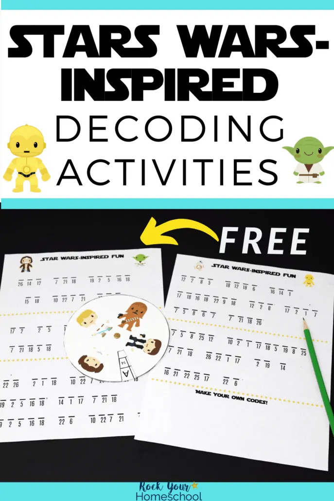 Free Star Wars-Inspired decoding activities & decoder with cute C-3PO and Yoda clipart to feature the Star Wars fun you can enjoy with these printable activities
