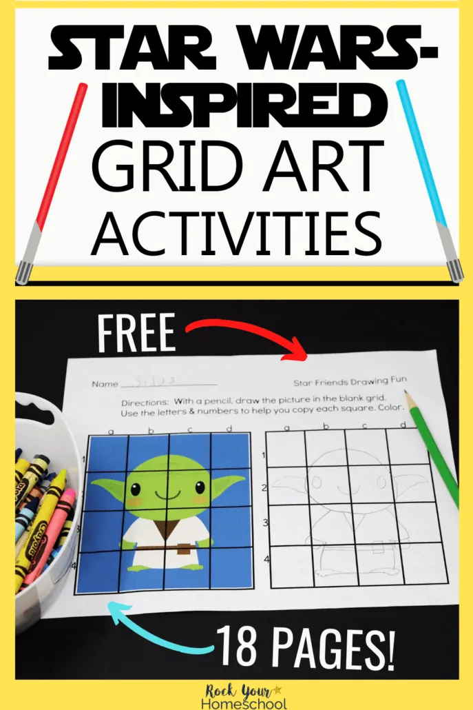 Star Wars-Inspired Grid Art activity featuring Yoda with crayons and green pencil to highlight the drawing fun your Star Wars fans can have with these free printable activities