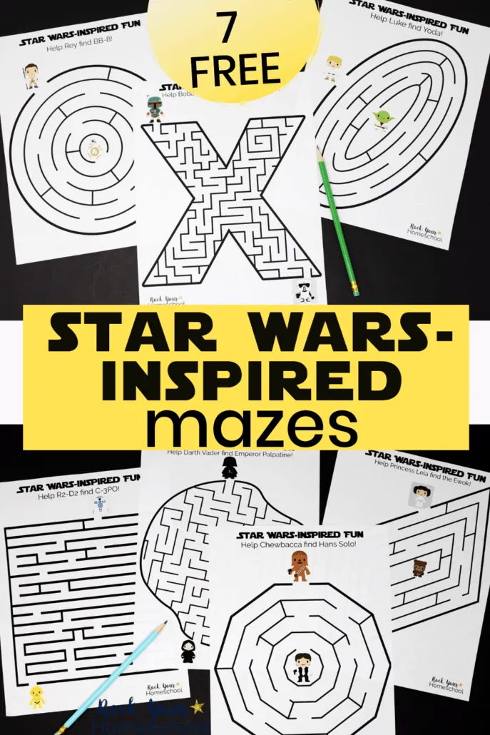 7 free Star Wars-Inspired Mazes featuring Darth Vader, Palpatine, Chewbacca, Han Solo, R2-D2, C-3PO, Princess Leia, Luke Skywalker, Yoda and more to highlight how these printable activities are awesome for your classroom, party, library, & more