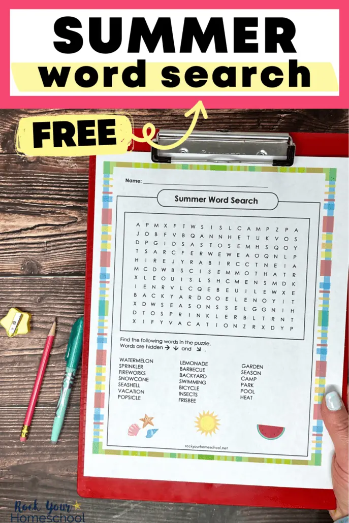 free printable summer word search on red clipboard being held by a woman