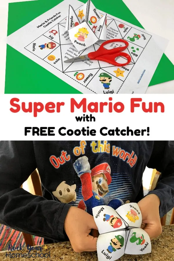 Free cootie catcher for kids for Super Mario Fun on green & white paper with red kids scissors and boy wearing Mario shirt holding Super Mario cootie catcher