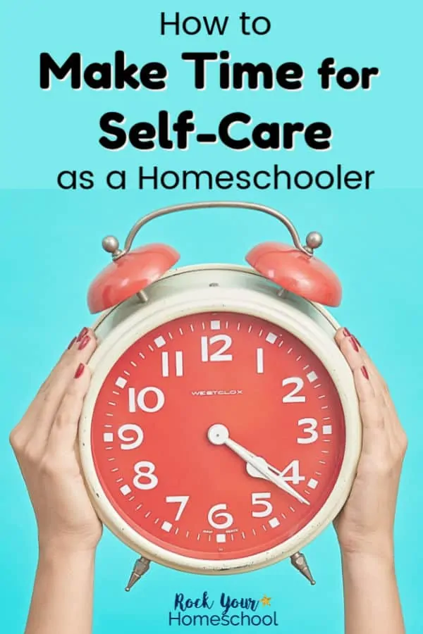 Woman holding red and white analog alarm clock with blue background to feature how you can make time for self-care as a homeschooler