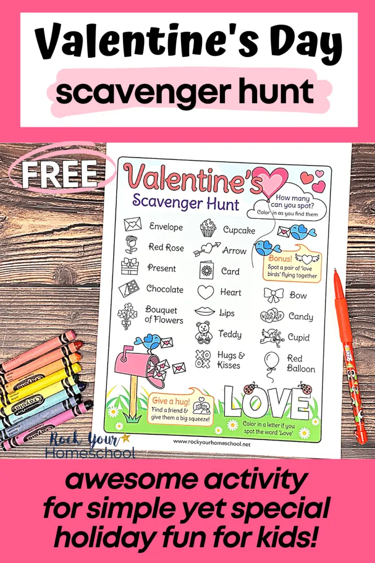 free Valentine's Day scavenger hunt with red pencils and rainbow of crayons on wood surface